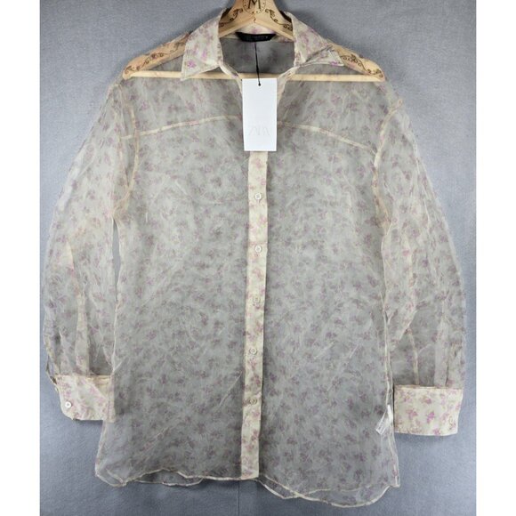Zara XS Sheer Floral Organza Button-Up Blouse NWT Lightweight Dressy Top - Picture 1 of 16